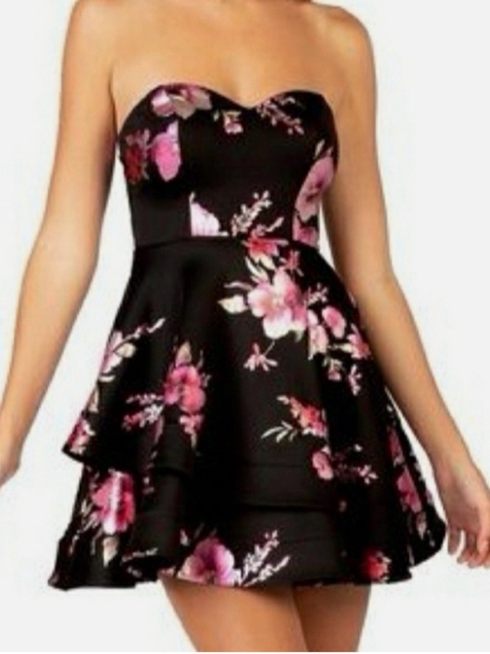 B. Darlin Black Pink Floral Fit & Flare Tiered Mini Party Dress Size 5/6